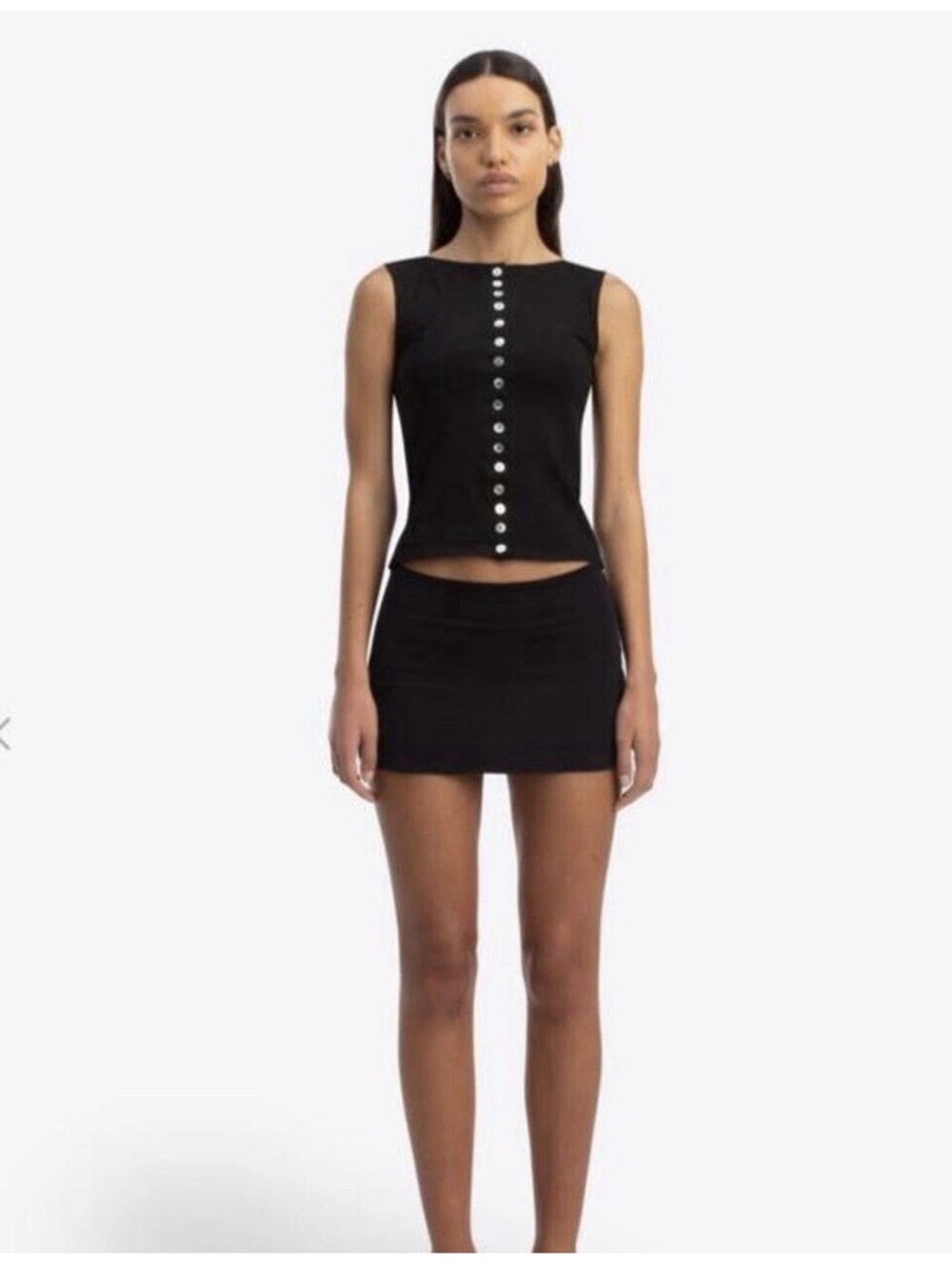 Susamusa London Black Sadaf Mother Of Pearl Button Front Top Minimalist XS